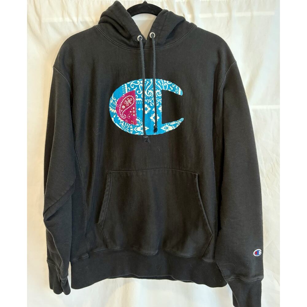 Champion Reverse Weave Pullover Black Hoodie Bandana Big C Logo Men's Size LG